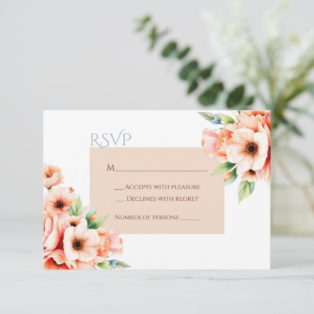 Carte de réponse RSVP à motif floral pêche et blus (Debout devant)