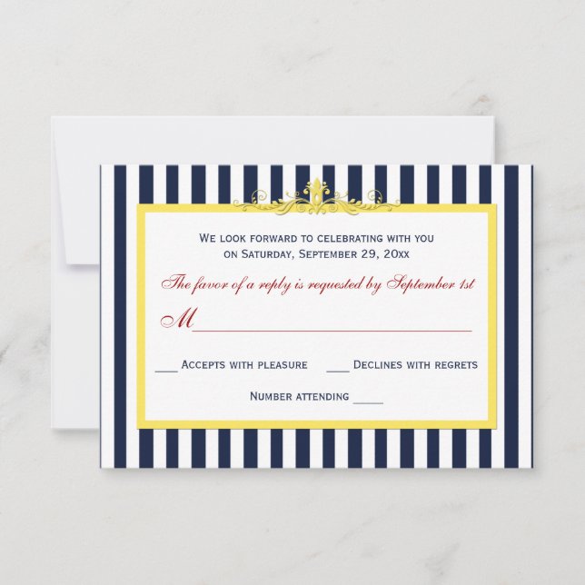 Carte de réponse RSVP à rayures Navy, Blanc, Jaune (Devant)