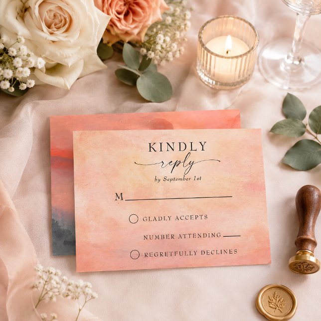 Carte de réponse RSVP aquarelle rustique de couche (Set a beautiful tone for your outdoor celebration with this mountain sunset wedding RSVP reply card.)