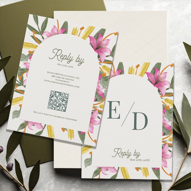 Carte de réponse RSVP arquée au lys rose blush ave (Blush Pink Lily Arched RSVP Card with QR Code | Romantic Botanical Floral Arch Wedding Response Card)