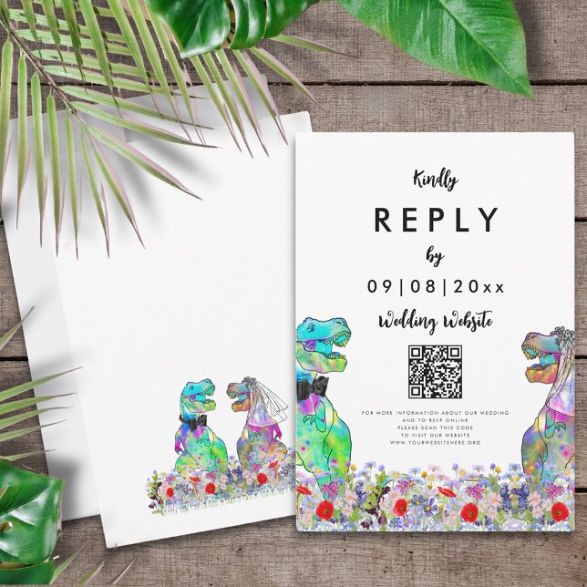 Carte de réponse RSVP avec code QR pour le site we (T-Rex bride and groom colorful wildflowers dinosaur wedding website QR code reply enclosure card)
