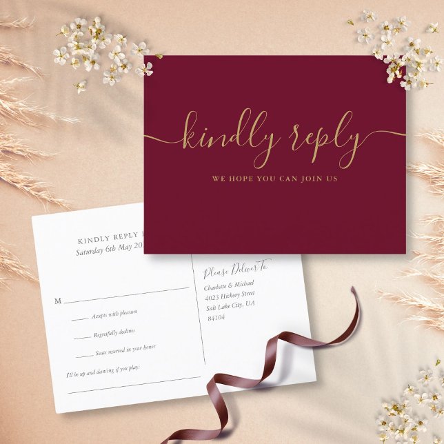Carte de réponse RSVP avec demande de chanson en B (Burgundy and Gold Song Request RSVP Postcard)