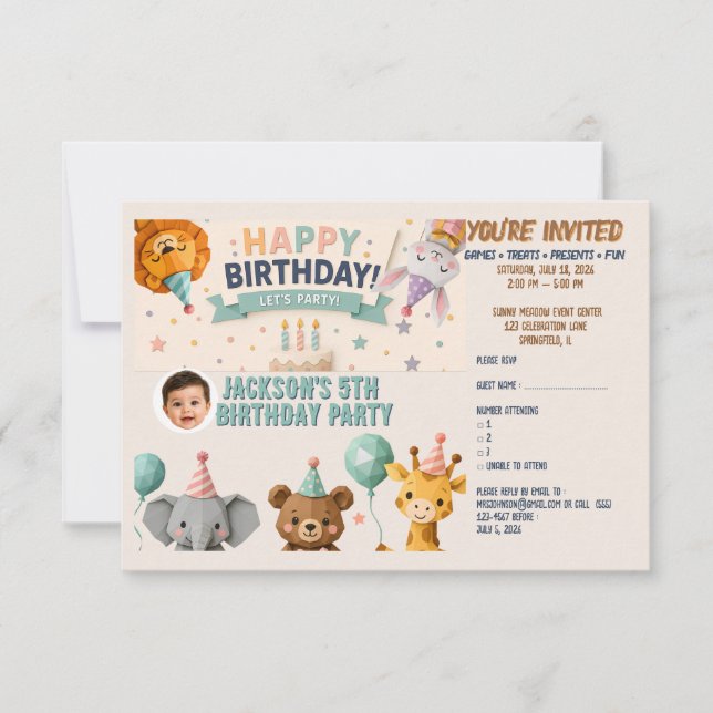 Carte de réponse RSVP avec détails de fête d'anima (Devant)