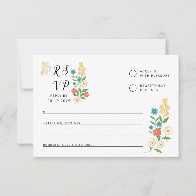 Carte de réponse RSVP avec fleurs sauvages dessiné (Devant)