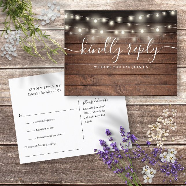 Carte de réponse RSVP avec guirlandes rustiques et (Rustic String Lights Song Request RSVP Postcard)
