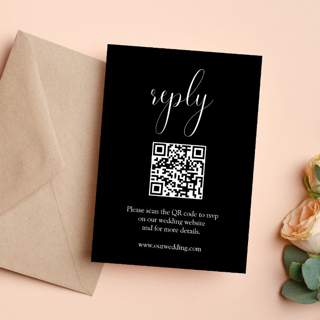 Carte de réponse RSVP avec QR Code pour mariage él (Elegant black QR code RSVP card makes responses seamless while elevating your wedding style)