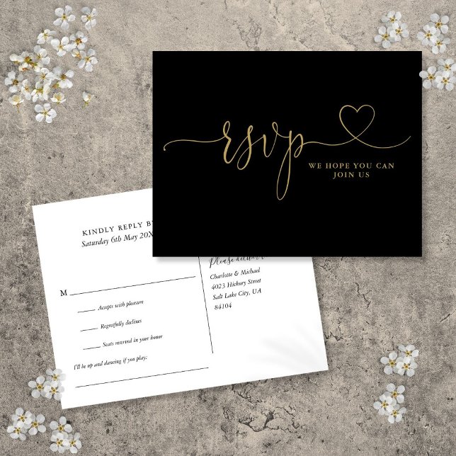 Carte de réponse RSVP avec script de cœur en noir  (Black And Gold Heart Script Song Request RSVP Card)