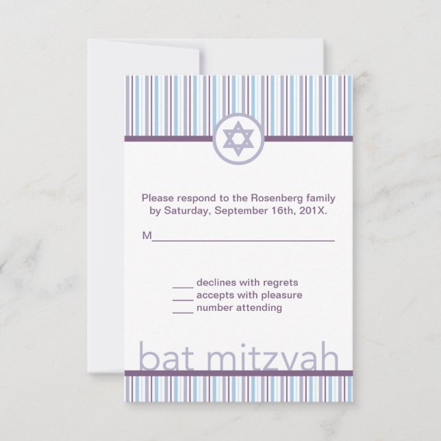 Carte de réponse RSVP Bat mitzvah Purple Stripes (Devant)