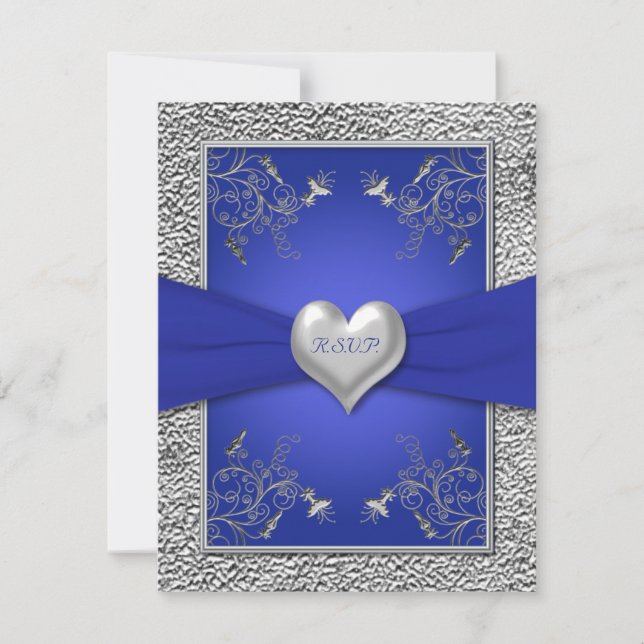 Carte de réponse RSVP Bleu Cobalt et Cœur de Pewte (Devant)