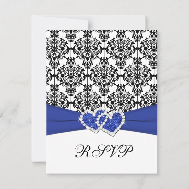 Carte de réponse RSVP bleu royal, blanc, damas noi (Devant)