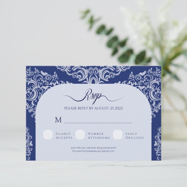 Carte de réponse RSVP Blue Mariage damassé (Debout devant)