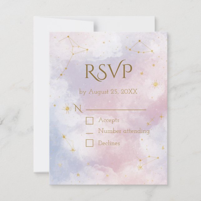 Carte de réponse RSVP céleste rose | Étoiles à l'a (Devant)
