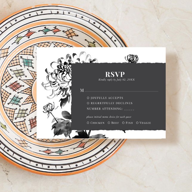 Carte de réponse RSVP Chrysanthemum Ink Art (Créateur téléchargé)
