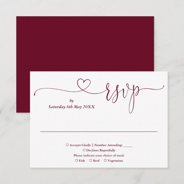 Carte de réponse RSVP Cœur en écriture Bourgogne e (Devant / Derrière)