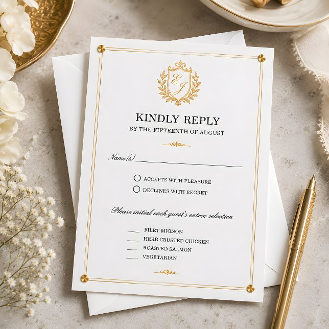 Carte de réponse RSVP Couronne Dorée (Gold Crest RSVP Card)