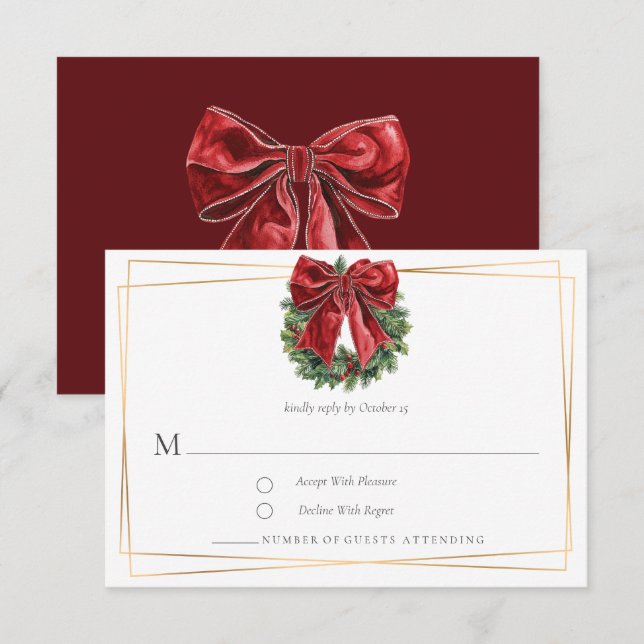 Carte de réponse RSVP Couronne et noeud de Noël vi (Devant / Derrière)