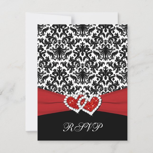 Carte de réponse RSVP Damassé Noir Blanc Rouge, Cœ (Devant)