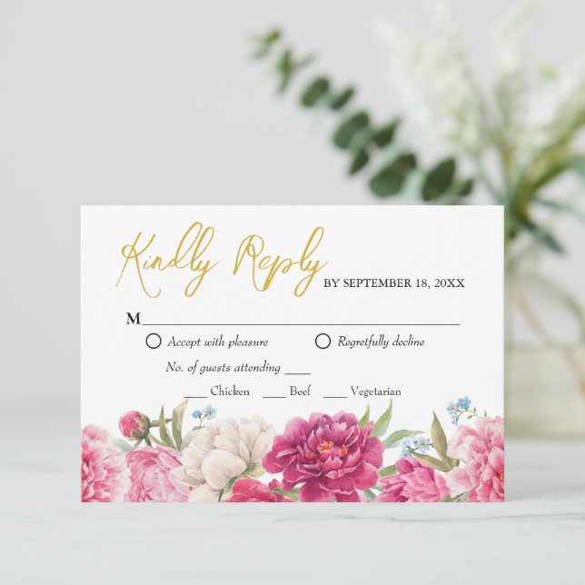 Carte de réponse RSVP de mariage à fleurs de paoni (Debout devant)