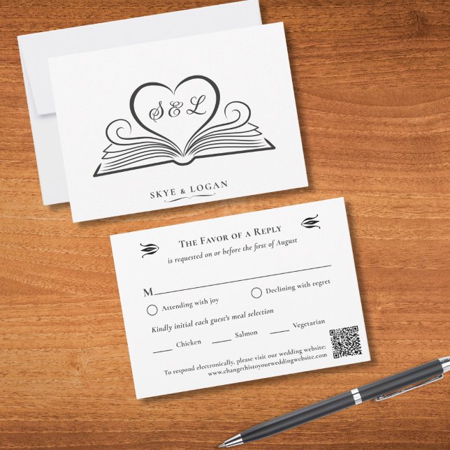 Carte de réponse RSVP de mariage à la bibliothèque (RSVP Response card with meal choices and QR code)