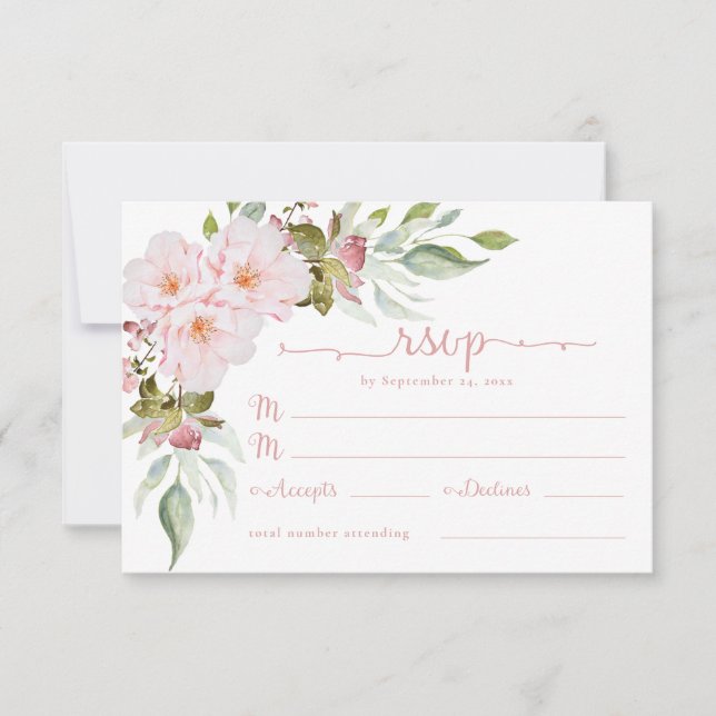 Carte de réponse RSVP de mariage à l'aquarelle ros (Devant)