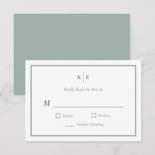 Carte de réponse RSVP de mariage à monogramme vert (Devant / Derrière)
