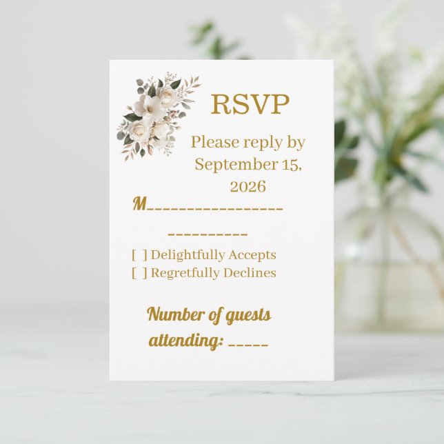 Carte de réponse RSVP de mariage à typographie dor (Debout devant)