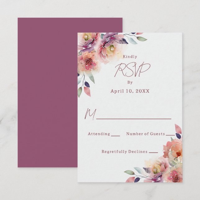 Carte de réponse RSVP de mariage aux fleurs roses  (Devant / Derrière)
