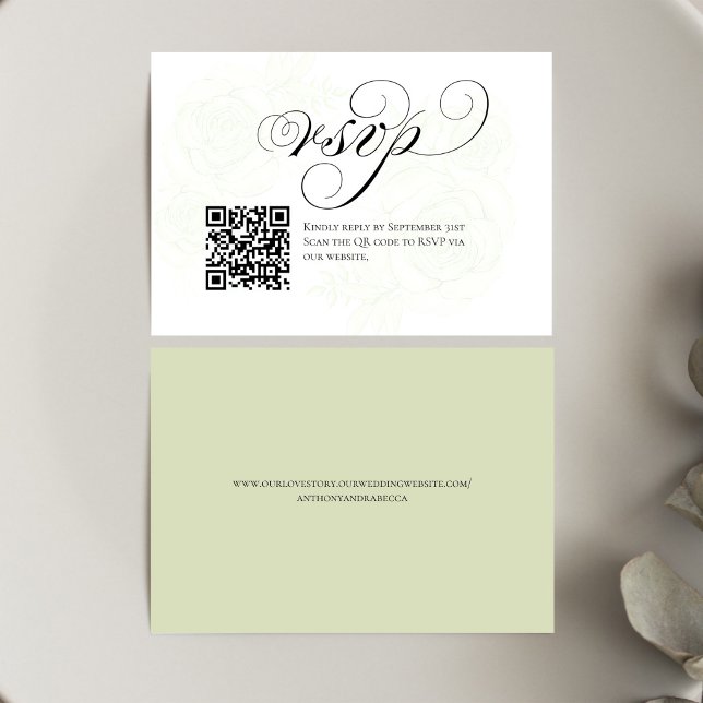 Carte de réponse RSVP de mariage avec code QR et é (Elegant script RSVP card with QR code for quick and easy wedding responses)