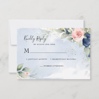 Carte de réponse RSVP de mariage bleu marine et ro