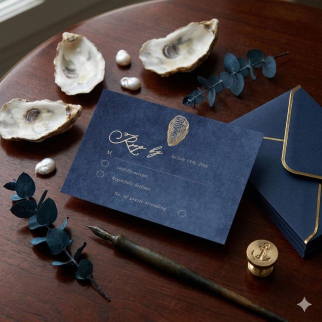 Carte de réponse RSVP de mariage bleu marine océan (Créateur téléchargé)