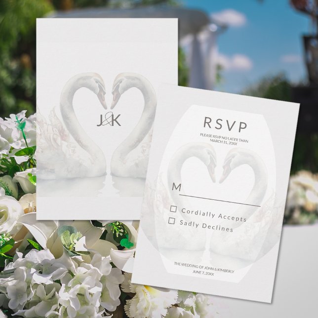 Carte de réponse RSVP de mariage de cygne romantiq (Romantic Swan Wedding RSVP Response Card (front and back))