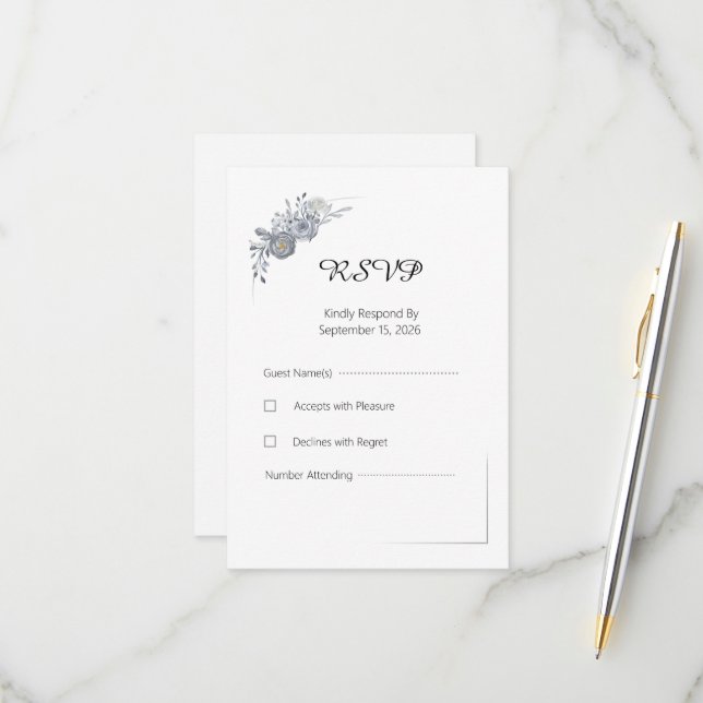 Carte de réponse RSVP de mariage floral gris éléga (Devant/Arrière en situation)