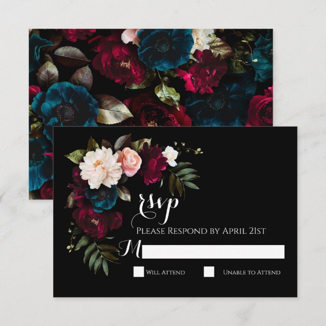 Carte de réponse RSVP de mariage floral noir éléga (Devant / Derrière)