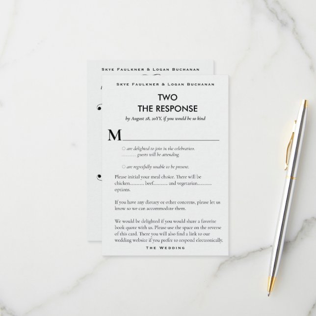 Carte de réponse RSVP de mariage littéraire de la  (Devant/Arrière en situation)