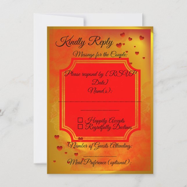 Carte de réponse RSVP de mariage rouge et jaune |  (Devant)