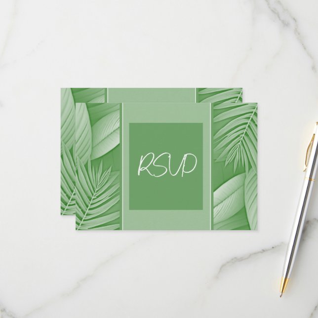 Carte de réponse RSVP de mariage Thème vert tropic (Devant/Arrière en situation)