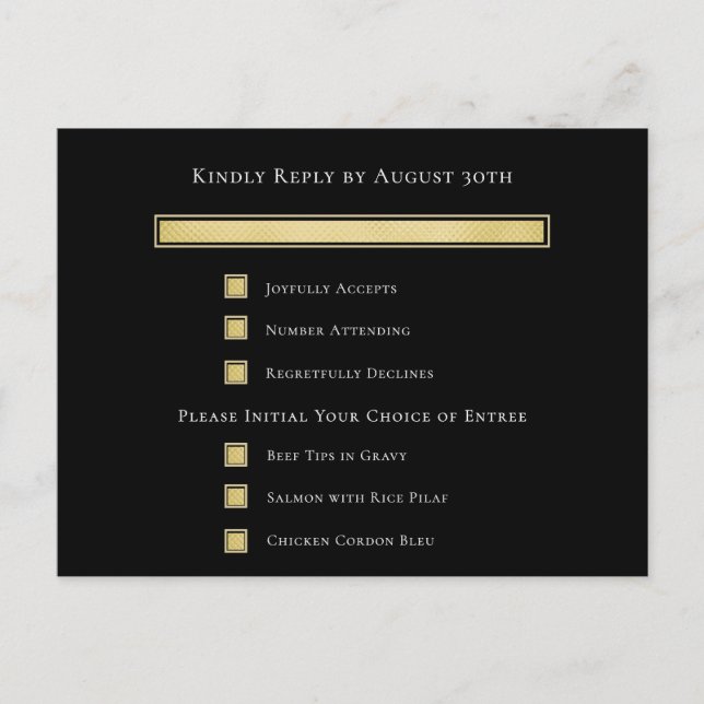 Carte de réponse RSVP de menu avec fond noir Blanc (Devant)
