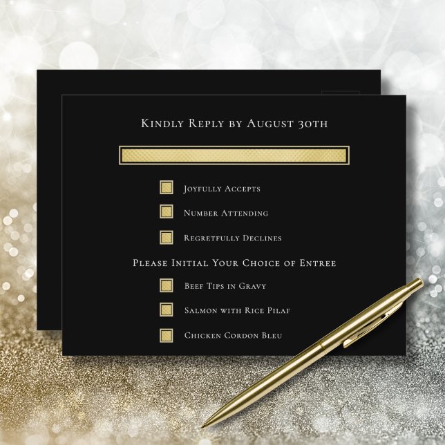 Carte de réponse RSVP de menu avec fond noir Blanc (Créateur téléchargé)
