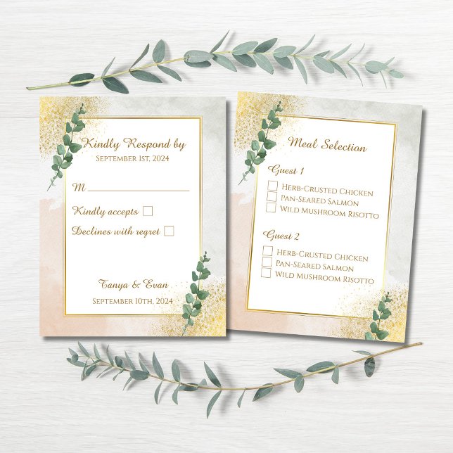 Carte de réponse RSVP Elegant Green & Gold Wedding (Elegant Green & Gold Wedding RSVP & Meal Selection Enclosure Card)