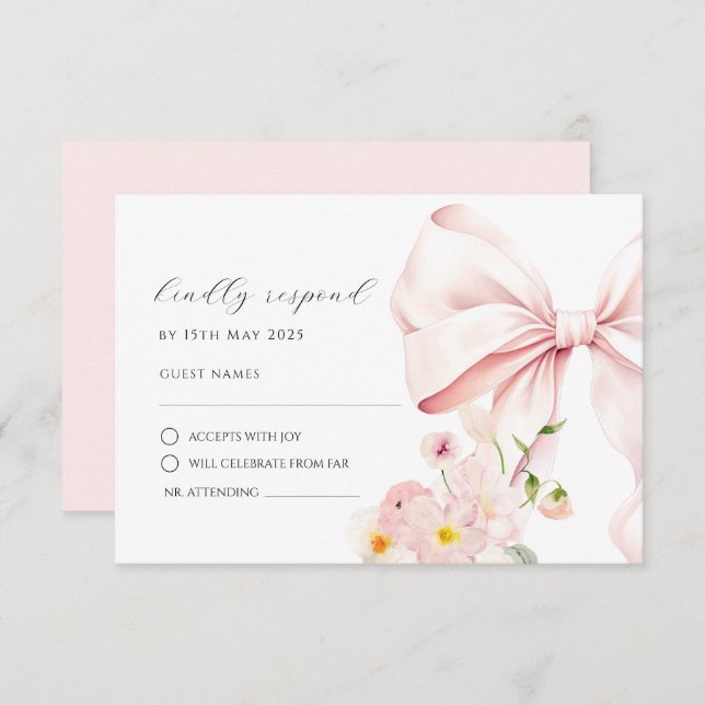 Carte de réponse RSVP élégante avec nœud rose Flor (Devant / Derrière)