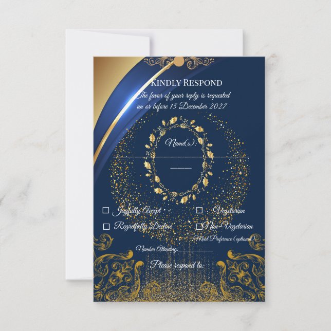 Carte de réponse RSVP élégante bleue et or à motif (Devant)