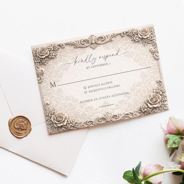 Carte de réponse RSVP élégante de mariage baroque  (Elegant Ivory Baroque Wedding RSVP Response Card )