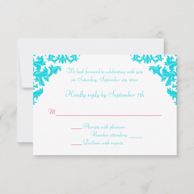 Carte de réponse RSVP en damas aqua, blanc et roug (Devant)
