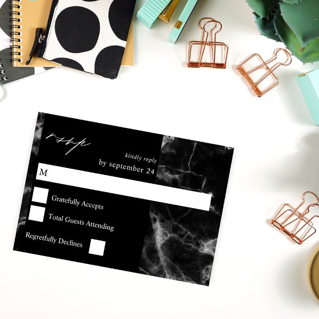 Carte de réponse RSVP en marbre noir (Créateur téléchargé)