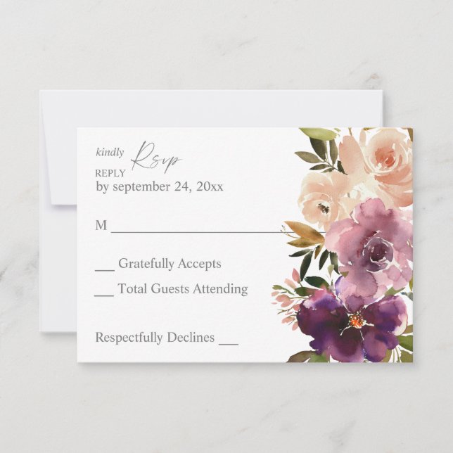 Carte de réponse RSVP Fleurs Violet Pourpre & Rose (Devant)
