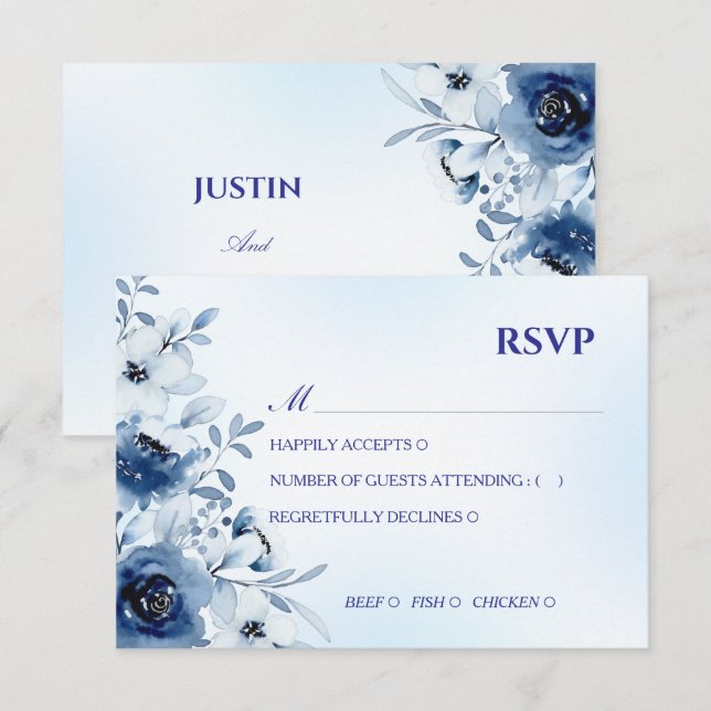 Carte de réponse RSVP florale à l'aquarelle bleu p (Devant / Derrière)