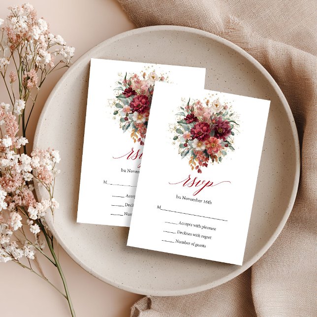 Carte de réponse RSVP Florale Bohème Marron Automn (Autumn Maroon Floral Boho Eucalyptus RSVP Card

)
