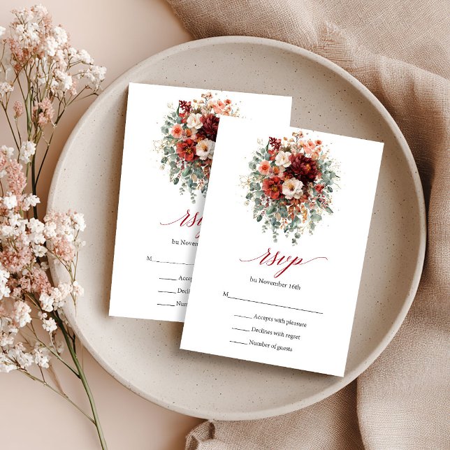 Carte de réponse RSVP florale boho automne Bourgog (Burgundy Fall Floral Boho Eucalyptus RSVP Card

)