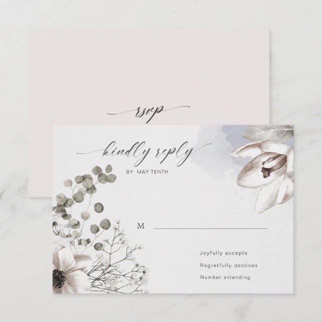 Carte de réponse RSVP florale élégante argent blus (Devant / Derrière)