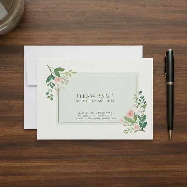 Carte de réponse RSVP florale Elégante couleur ver (Elegant green Watercolor Floral RSVP Response Card.)